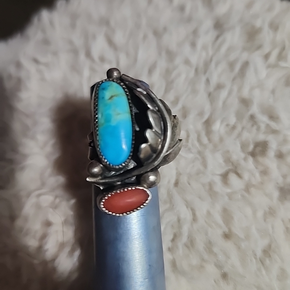 Turquoise and Coral Native Vintage Silver Ring